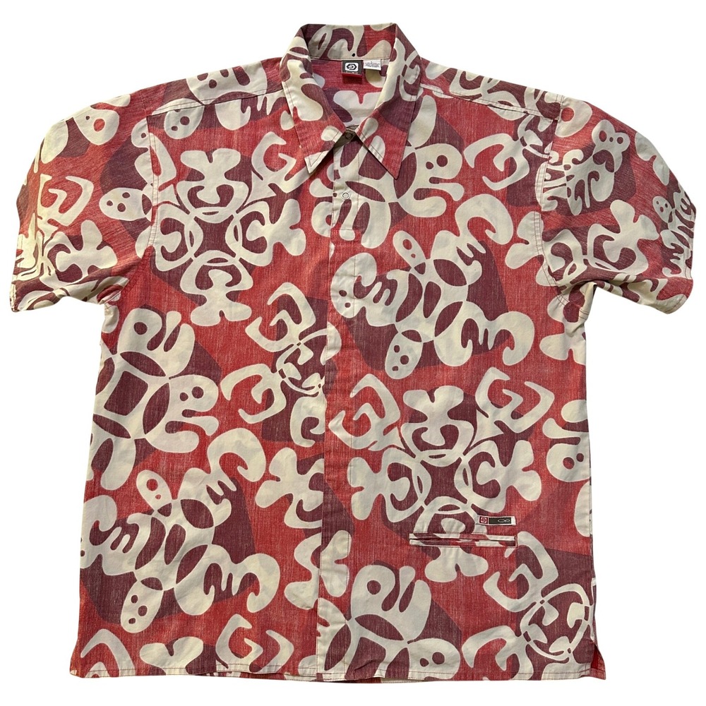 VTG Y2K Ocean Pacific OP Hawaiian Shirt L Reverse AOP Lower Pocket Tribal Surf